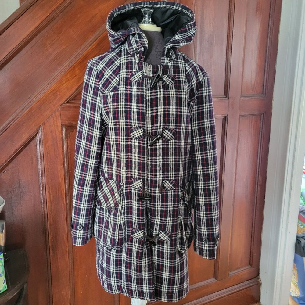 Cheap Monday Womens Plaid Wool Blend Hooded Duffle Coat With Toggle Buttons & Po